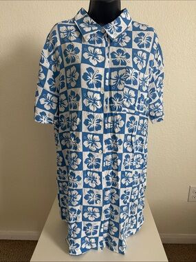 NWT Ascot + Hart Blue White Tropical Floral Shirt Dress
